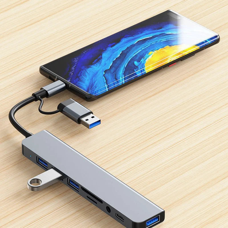 Hub USB-C 8 en 2 con HDMI 4K, USB 3.0, Lector SD/TF y Audio Jack — Estación Multi-Puertos para Laptop y Tablet