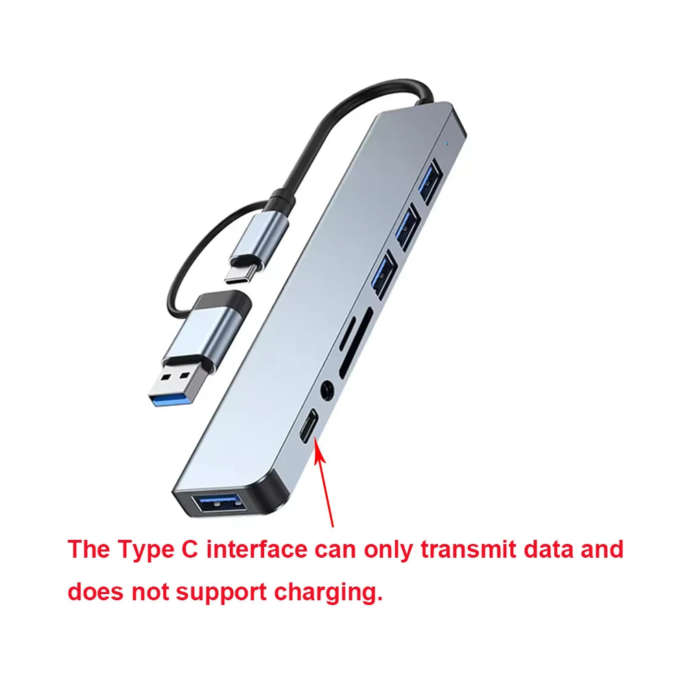 Hub USB-C 8 en 2 con HDMI 4K, USB 3.0, Lector SD/TF y Audio Jack — Estación Multi-Puertos para Laptop y Tablet