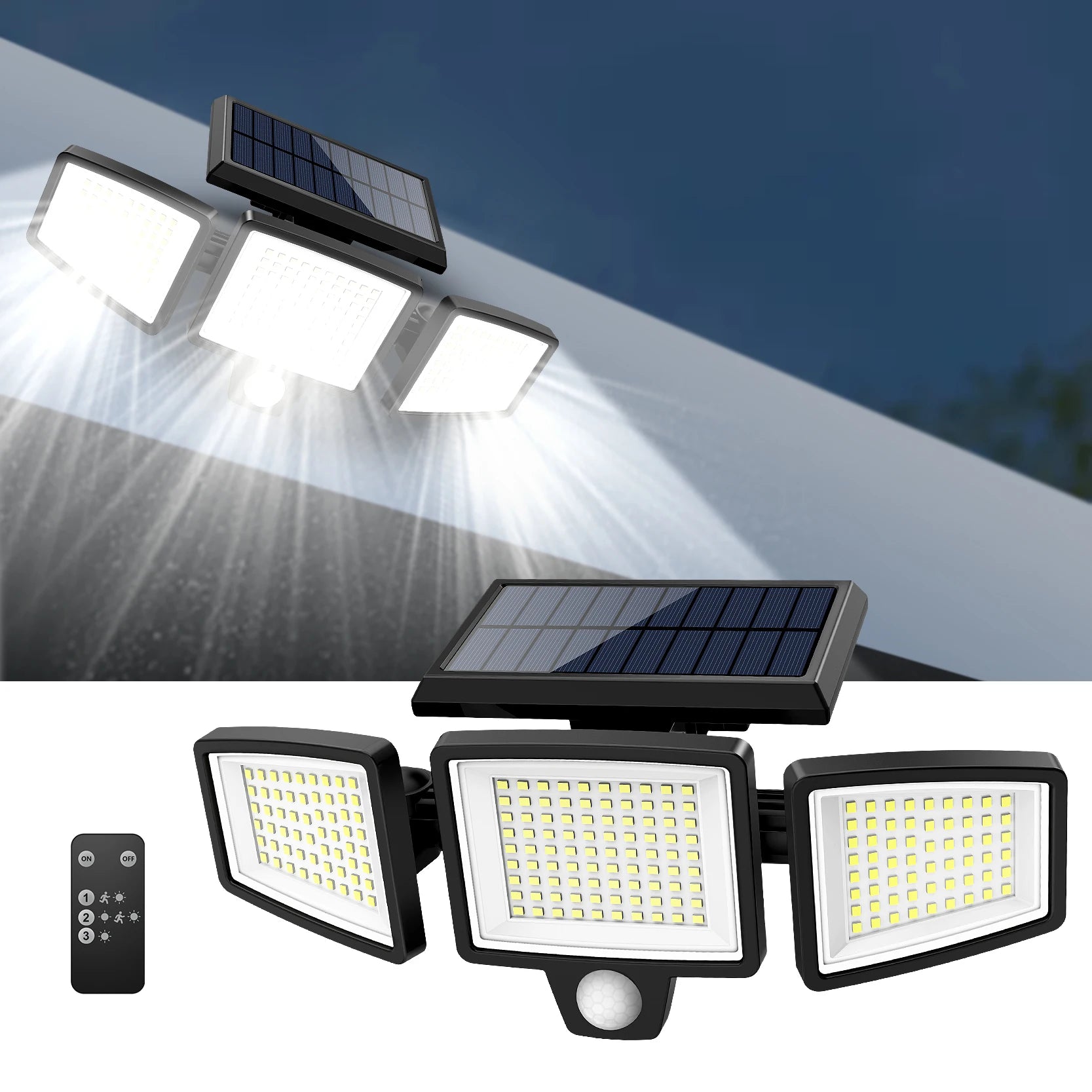 Luz Solar Exterior con Sensor de Movimiento – Lámpara LED Impermeable de 3 Paneles para Jardín, Garaje y Entrada