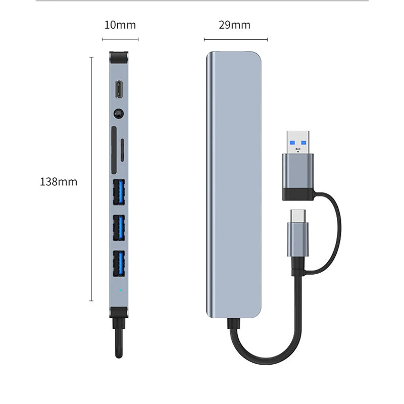 Hub USB-C 8 en 2 con HDMI 4K, USB 3.0, Lector SD/TF y Audio Jack — Estación Multi-Puertos para Laptop y Tablet