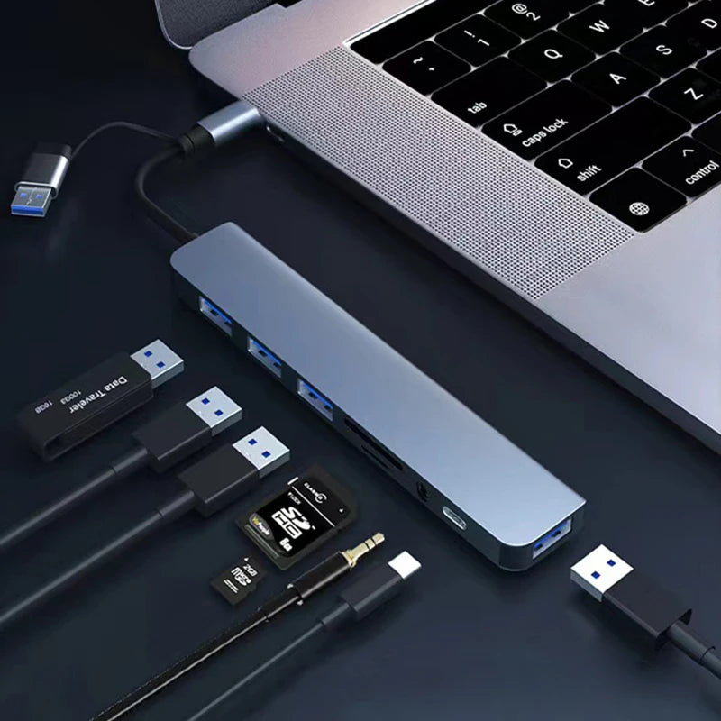 Hub USB-C 8 en 2 con HDMI 4K, USB 3.0, Lector SD/TF y Audio Jack — Estación Multi-Puertos para Laptop y Tablet
