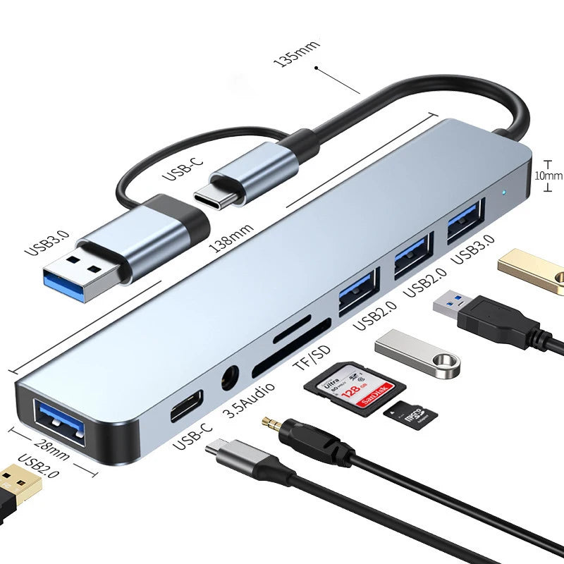 Hub USB-C 8 en 2 con HDMI 4K, USB 3.0, Lector SD/TF y Audio Jack — Estación Multi-Puertos para Laptop y Tablet